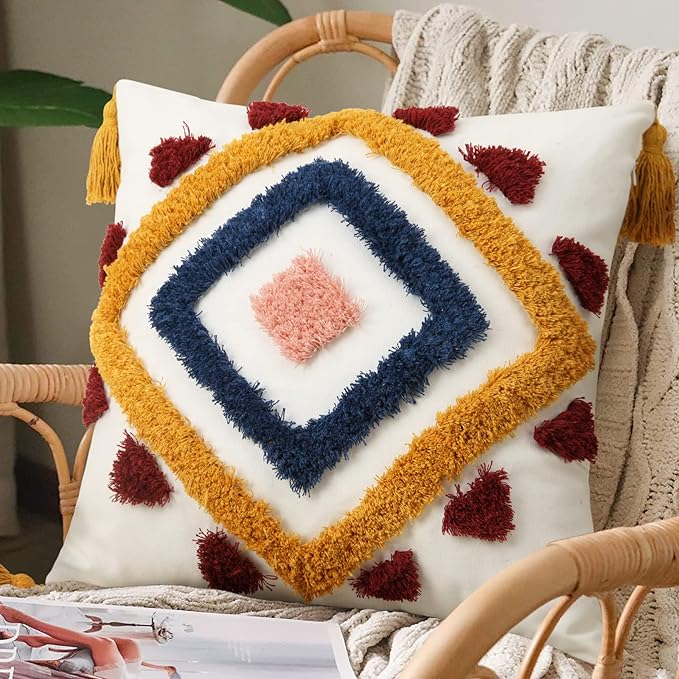 Merrycolor Boho Throw Pillow Covers 20 x 20 Modern Geometric Diamond Boho Pillows Decorative Throw Pillow Cases Yellow Blue Pink Soft Woven Tufted Pillow Cushion for Couch Sofa Bedroom Living Room