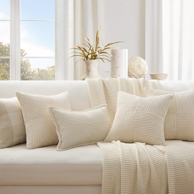 Topfinel Decorative Beige Throw Pillow Covers Set of 4,Boho Pillow Covers Soft and Cozy Velvet Double-Sided Designs,Mix and Match for Couch Boho Farmhouse Fall Home Decor 18x18 Inch