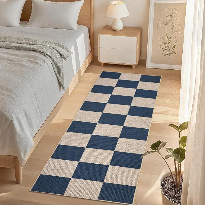 GarveeHome Checkered Easy Jute Runner Rug 2x6 Non-Slip Machine Washable Stain Resistant Indoor Outdoor Rugs for Living Room, Bedroom, Kitchen, Dining, Patio - Farmhouse Style Navy Blue