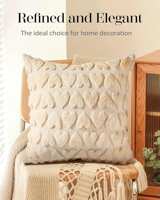 18x18 Throw Pillow Cover - Fluffy Plush Decorative Pillow Cover with Zipper Aesthetic Cute Design Soft Cozy Throw Pillowcase for Living Room Couch Sofa Bed, Beige Heart