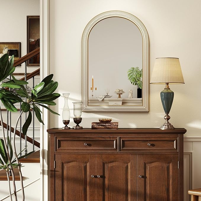 36x24 Inch Farmhouse Wooden Arched Wall Mirror, Distressed Frame with Beaded Boho Detail, Decorative Mirrors for Bathroom Over Sink, Living Room, Entryway, Hallway