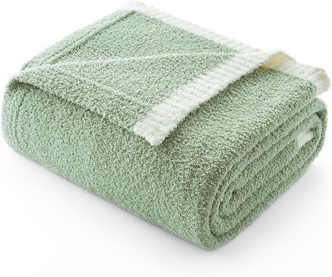 Snuggle Sac Sage Green Bedding Blankets Queen Size 90x90 inches, Reversible Microfiber Fluffy Fuzzy Soft Throw Cozy Knit Blanket for Women Mothers Birthday Gifts