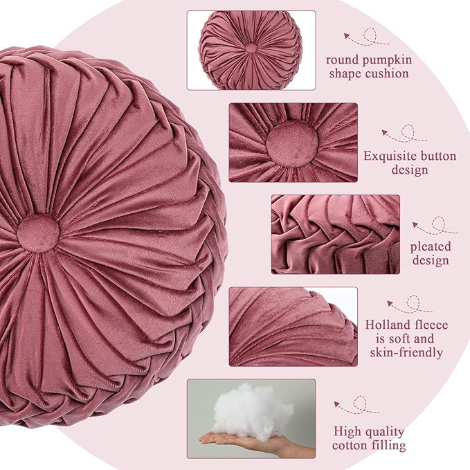 Round Throw Pillows Decorative Pleated Throw Pillows 15'' Diameter Accent Pumpkin Boho Chair Cushion for Couch Sofa Home Decoration(Dusty Rose,1 Pcs)