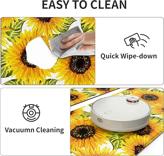 MAYHMYO Sunflower Kitchen Mat Set of 2 - Anti Fatigue Mats for Kitchen Floor - Non Slip Cushioned Rugs for Standing - Sunflower Decor (17.3"×29"+17.3"×47"-0.4")