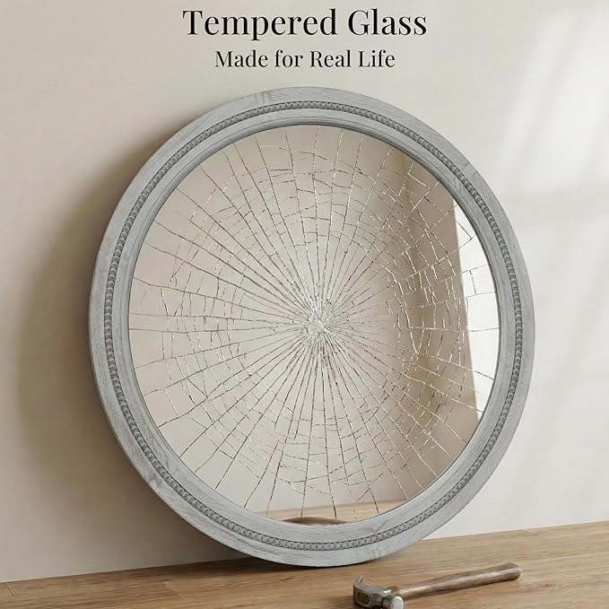 30 Inch Round Farmhouse Mirror for Bathroom Vanity, Distressed Grey Solid Wood Wall Mirror - Rustic Weathered Gray Beaded Circle Mirror for Industrial Decor