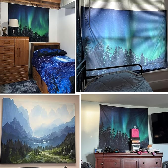 Atrippy Northern Lights Forest Wall Tapestry for Bedroom Living Room, Nature Starry Night Calming Aurora Borealis Wall Hanging, Winter Space Tapestry Ceiling Decor for Dorm Men 51"X60"