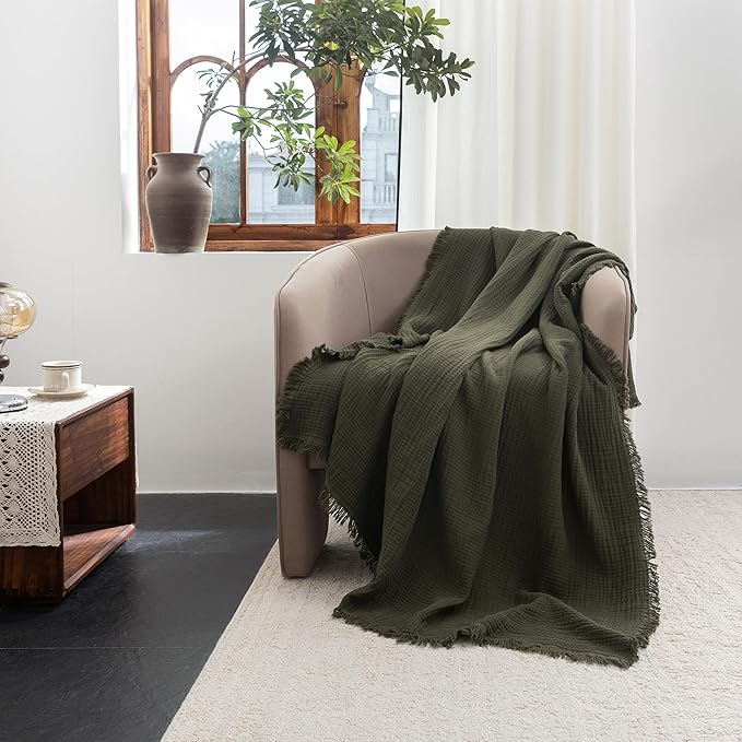 FOSSA Muslin Blanket with Fringe - 4-Layer 100% Cotton Gauze Super Soft & Breathable Throw -Lightweight Decorative Cooling Blanket for Bed, Sofa, Office (Olive Green, Throw (60" × 50"))