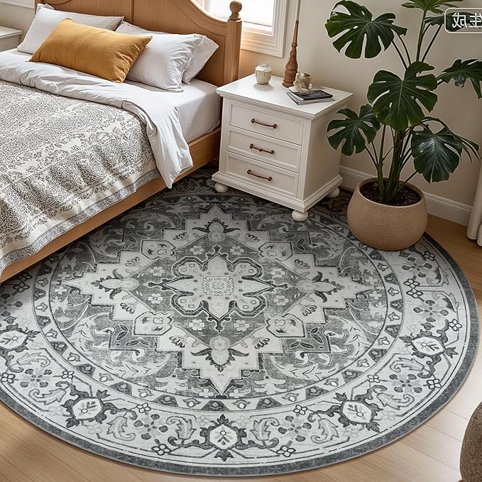 Lessymo 8FT Washable Round Area Rugs for Living Room, Non Slip Circle Rugs Low Pile Vintage Carpet for Bedroom, Dining Room, Nursery, Home Office, Grey Beige