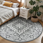 Lessymo 8FT Washable Round Area Rugs for Living Room, Non Slip Circle Rugs Low Pile Vintage Carpet for Bedroom, Dining Room, Nursery, Home Office, Grey Beige