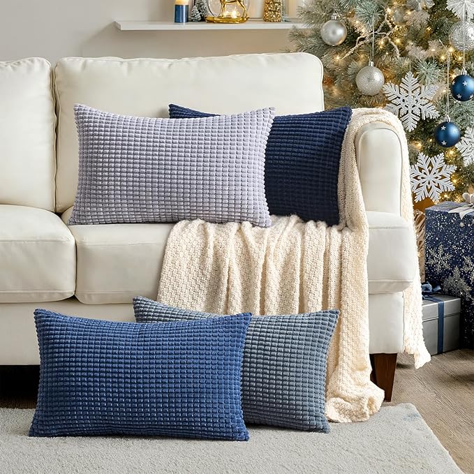 MIULEE Blue Decorative Lumbar Pillow Covers 12x20 Inch Set of 4 Boho Western Farmhouse Home Decor Couch Throw Pillows Summer Coastal Corduroy Pillowcases Industrial for Sofa Living Room Bed