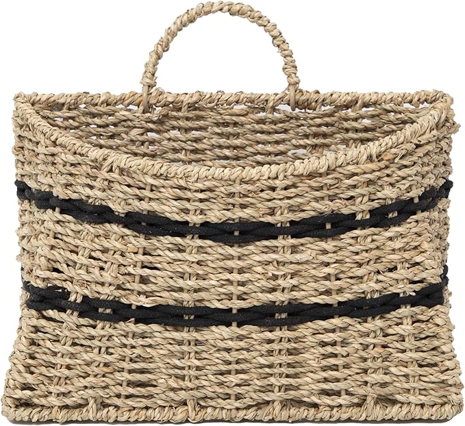 Handmade Seagrass Woven Hanging Basket with Black Cotton Rope - 11.81 x 4.33 x 7.87 Inches - Ideal for Wall Decor & Storage (Half-moon opening)