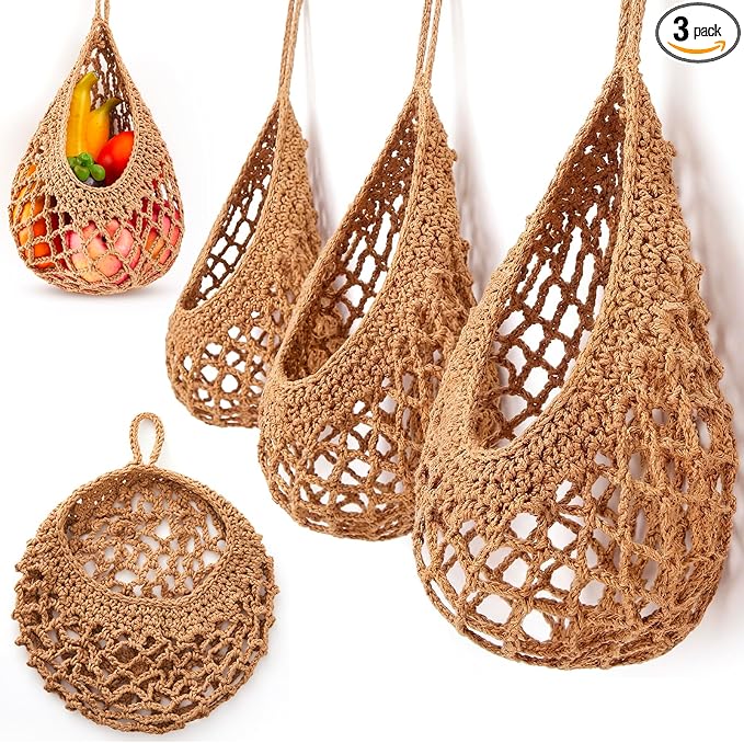 Honeydak Boho Decor Hanging Wall Baskets for Kitchen 3 Pack Teardrop Baskets with Hooks Storage Fruit Onion Vegetable Potato for Home 3 Sizes(Light Linen,Crochet,Cotton Rope)