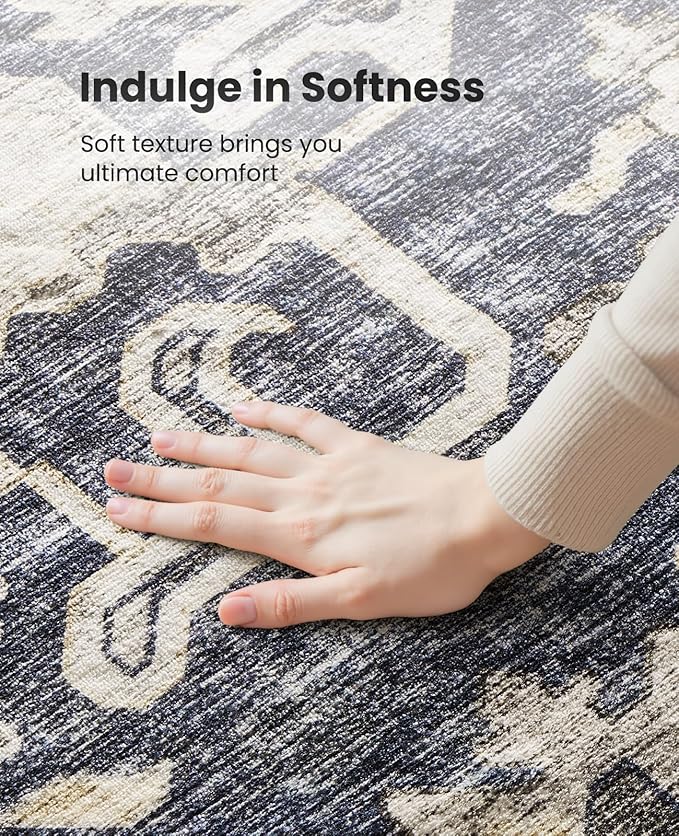 AMADA HOMEFURNISHING 6x9 Area Rugs, Blue Low-Profile Washable Rug with Non-Slip Backing & Durable Edge Binding, Vintage Rugs for Living Room, Bedroom, Dining Room