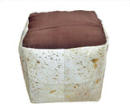 Unstuffed Premium Hair-on Leather Ottoman Pouf Cover, Boho Handmade Genuine Cowhide Square Footstool, Modern Cube Ottoman Footrest for Home Decor Living Room, Bedroom - 18X18 Inch, White & Gold