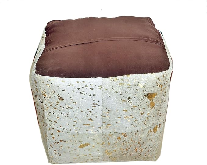 Unstuffed Premium Hair-on Leather Ottoman Pouf Cover, Boho Handmade Genuine Cowhide Square Footstool, Modern Cube Ottoman Footrest for Home Decor Living Room, Bedroom - 18X18 Inch, White & Gold