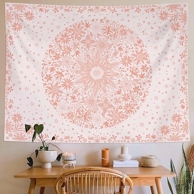 Neasow Bohemian Tapestry Wall Hanging, Pink Floral Tapestry with Dotted Daisy Medallion Print Bedroom Boho Hippie Home Decor, 50x60 inches