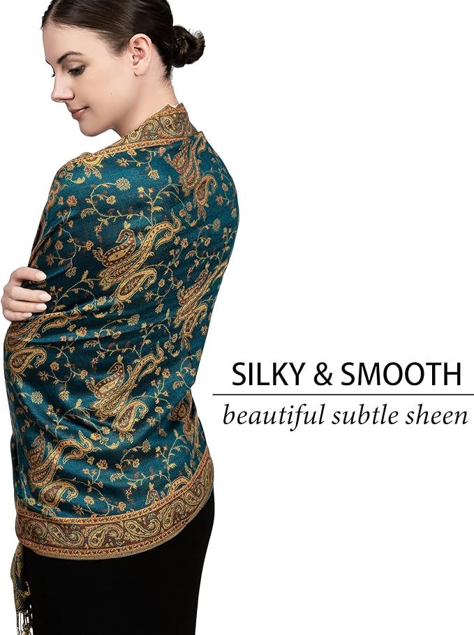 Achillea Reversible Paisley Pashmina Rave Scarf – Exotic Indian Shawls and Wraps for Evening Dresses, Festivals, All Seasons