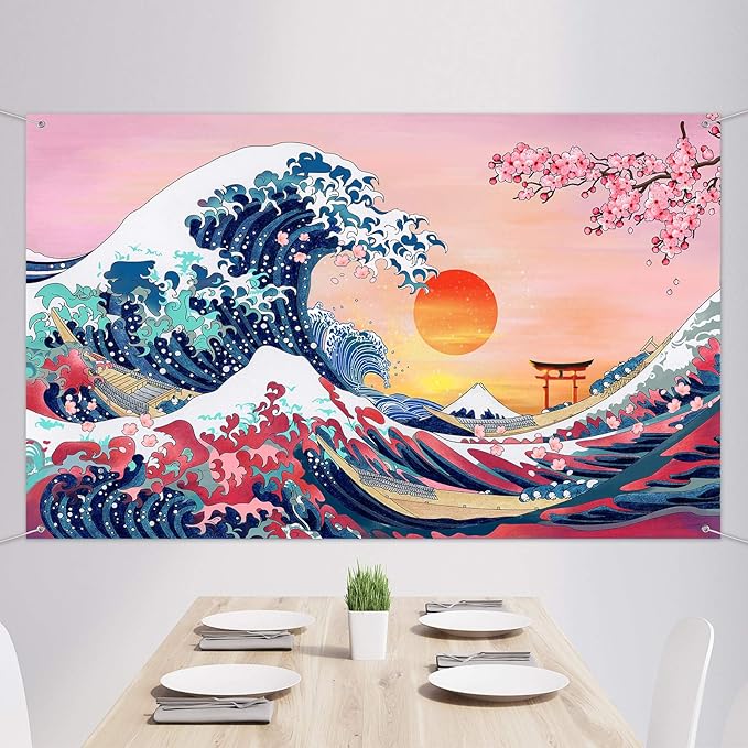 Ocean Wave Tapestry Japanese Kanagawa Backdrop Great Wave Tapestry Cherry Blossom Nature Sunset Background Wall Hanging Banner for Japanese Party Wall Home Decorations, 72.8 x 43.3 Inch