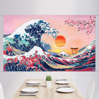 Ocean Wave Tapestry Japanese Kanagawa Backdrop Great Wave Tapestry Cherry Blossom Nature Sunset Background Wall Hanging Banner for Japanese Party Wall Home Decorations, 72.8 x 43.3 Inch