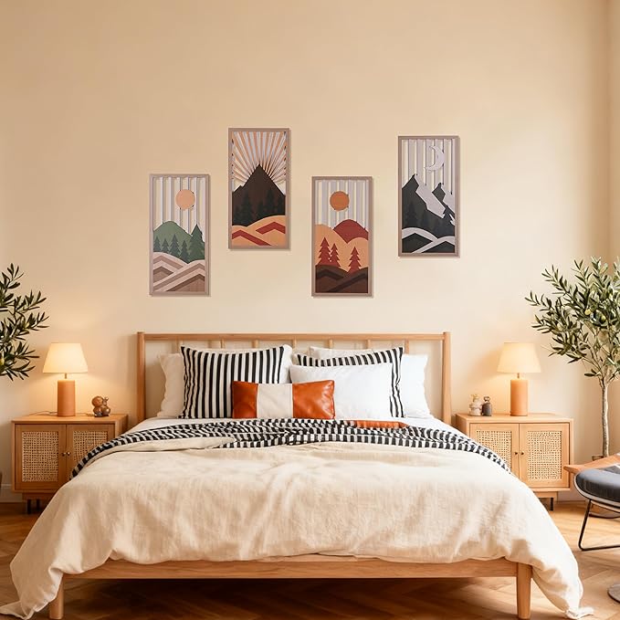 suruim Boho Wall Art Set of 4, Abstract Geometric Wooden Wall Decor, Mid-Century Modern Aesthetic Artwork with Arch, Vase & Botanical Design for Modern Home Decor for Bedroom, Office & Living Room(F)