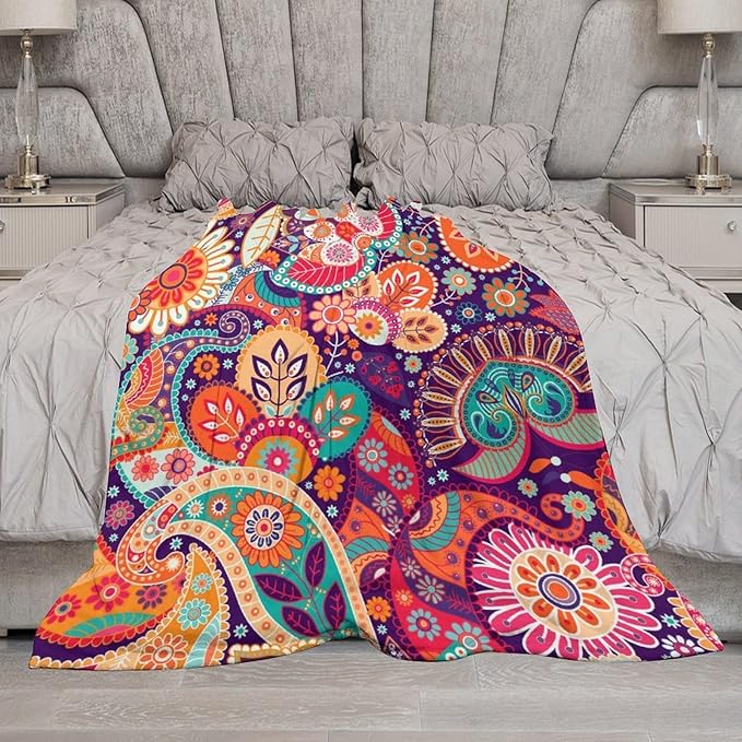 Boho Paisley Floral Throw Blanket Mandala Indian Bohemian Colorful Flowers Blanket for Sofa Bed Couch Chair Or Dorm 30"x40"