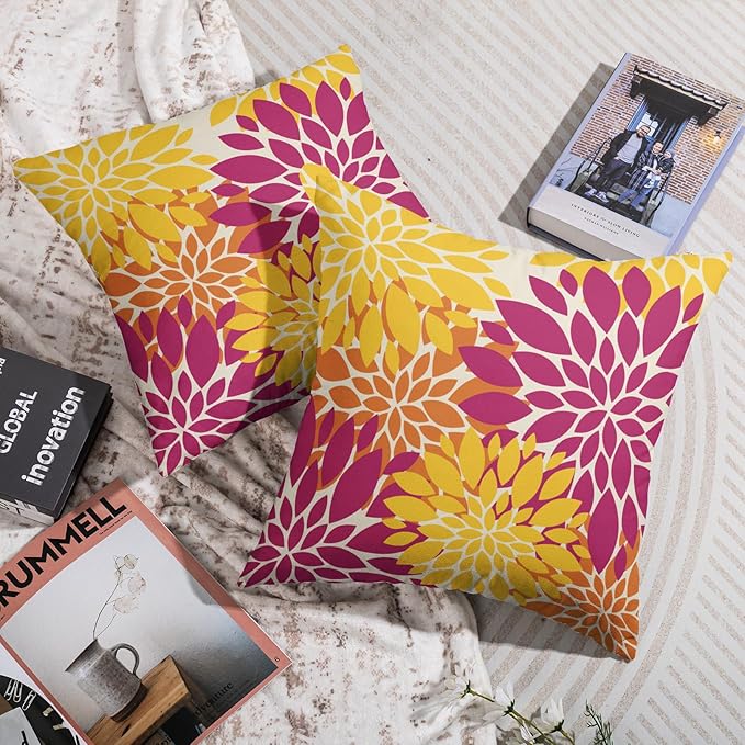 Hot Pink Yellow Orange Pillow Covers 16X16 Inch Set of 2, Spring Summer Floral Dahlia Flower Cream Decorative Throw Pillow Covers Outdoor Modern Farmhouse Cushion Case for Home Couch Sofa Bed Decor