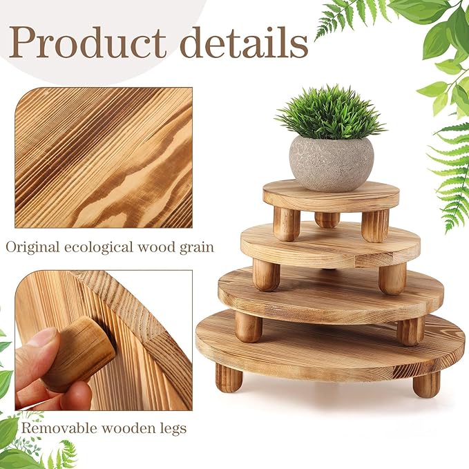 Sintuff 4 Pack Mini Wooden Plant Stool Display Wood Cake Stand 12/10/8/6 Inch Round Plant Risers Holder for Flower Pot Wooden Stool Indoor Outdoor Wood Stand(Wood Color)