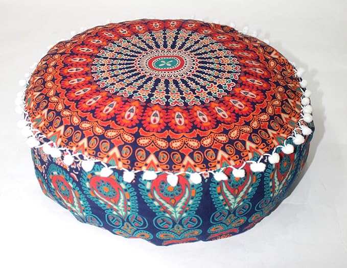 CRAFT KALA Large Hippie Mandala Meditation Floor Ottoman Pillow Cushion Pouf Cover Square Poufs Bohemian Circle Floor Cushion Case Outdoor Fireplace Yoga Living Room Decor Cover Orange, 24" Round