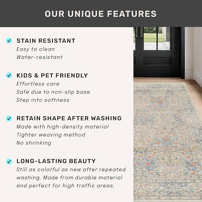 Boho 3x16 Wide Hallway Runner - Beige Blue and Purple, Washable Low Pile Non Slip Stain Resistant 16ft Runner Rug for Long Kitchen, Hall Way, Floral Forest Decor