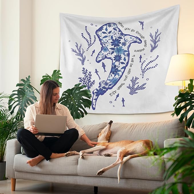 HUGANE Blue Whale Shark Ocean Christian Tapestry, Coastal Beach Sea Floral Coral Plant Wall Tapestries, Isaiah 43:2 Bible Verse Religious Hanging Wall Decor for Bedroom Beach House Cabin