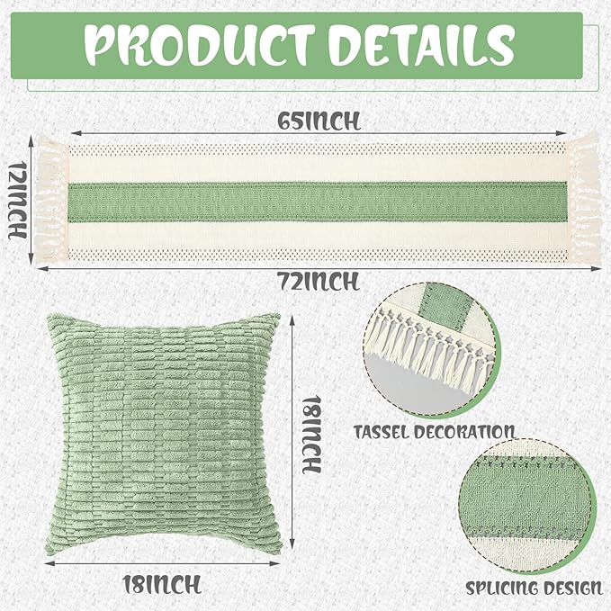 Extra Large Outdoor Boho Picnic Blanket 91'' x 71'' Green Table Runner 6 Throw Pillow Cover Woven Cotton Yarn Oversize Beach Blanket Washable for Picnic Camp Wedding