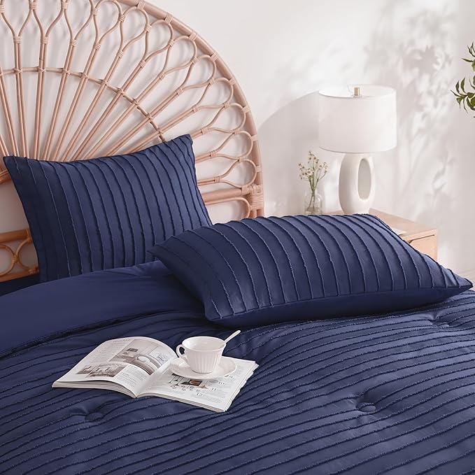 JELLYMONI Pillowcases Standard Size Navy Blue 2 Pack Boho Striped Bed Pillow Covers 20x26in Polyester Envelope Pillow Shams Tufted Bohemian Textured (Pillows are not Included)