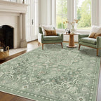 Sage Green Living Room Rug 6x9, Washable Non Slip Rug for Dining Room Under Table, Modern Vintage Medallion Low Pile Thin Carpet Rugs for Bedroom Den Home Office, Cozy Cottagecore Soft Green