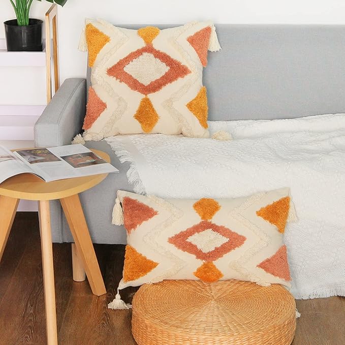 Merrycolor Boho Lumbar Throw Pillow Cover 12x20 inch,Bohemian Tufted Decorative Pillow Covers with Tassels for Couch Sofa Bedroom Living Room