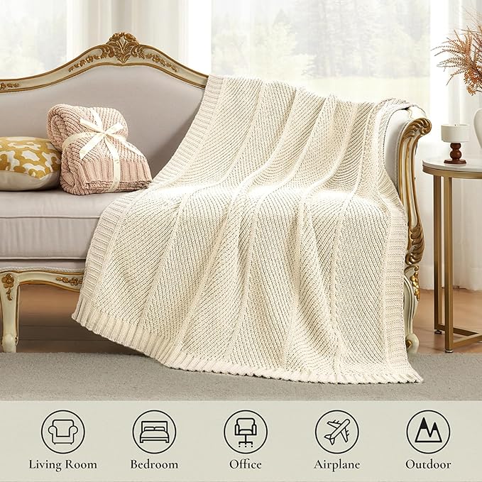 Amélie Home Chevron Chenille Knit Throw Blanket for Couch, Cozy Texture Decorative Soft Blanket for Sofa & Chair, 60"x80", Ivory