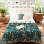 Boho 100% Organic Cotton Muslin Large Throw Blanket 60" x 80" - All Season Rustic Ultra Soft Breathable Floral Bird Blanket for Bed Sofa Couch Chair Bedspread Quilt Gift,-Teal/Green