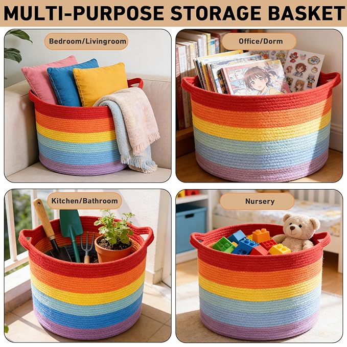 90L Large Blanket Basket,21.7"L x 21.7"W x 13.8"H Rope Woven Baskets with Handles, Toys Storage Bins,Laundry Basket Perfect for Living Room, Nursery,Bedroom,Home Organization,Rainbow