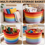 90L Large Blanket Basket,21.7"L x 21.7"W x 13.8"H Rope Woven Baskets with Handles, Toys Storage Bins,Laundry Basket Perfect for Living Room, Nursery,Bedroom,Home Organization,Rainbow