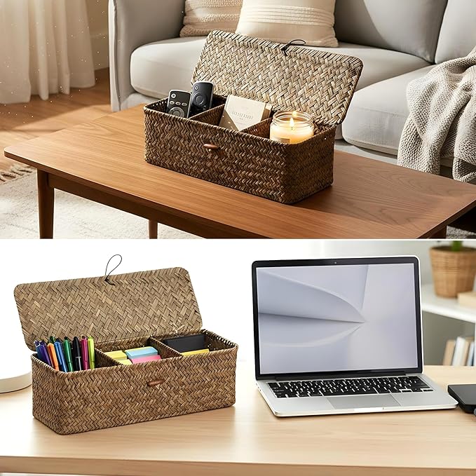 2 PCS Seagrass Storage Basket with Lid, Boho Small Woven Shelf Basket Rectangular Toilet Roll Bin 3-Section Divided Organizer for Snack Tampon Bathroom Closets Pantry Coffee Table Counter
