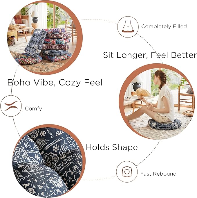 Codi Meditation Floor Pillow, Boho Pillows Seating for Adults and Kids, Large Cushion for Yoga Living Room Tatami Sitting, Memory Foam Added, 22x22 Inch Pack of 2, Round - Indigo Elephant