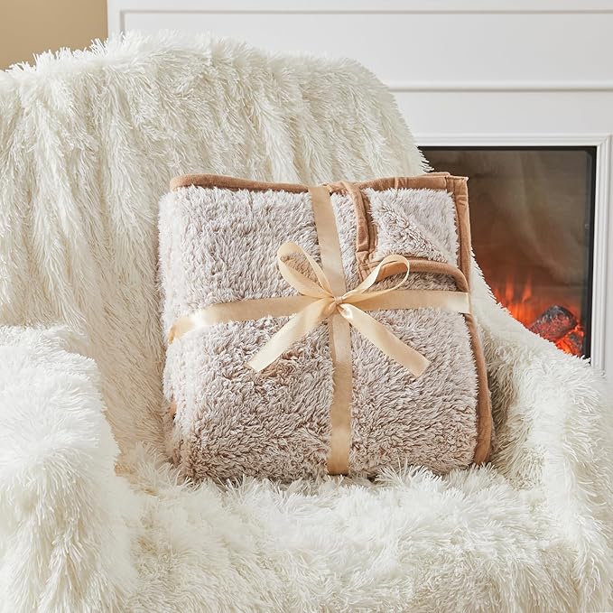 EMME Soft Sherpa Fleece Blanket Reversible Plush Fluffy Large Blanket, Light Weight Warm Decorative Boho Blanket Cover for Sofa, Couch, Bedroom,Travel(Plush Khaki,50"x60")