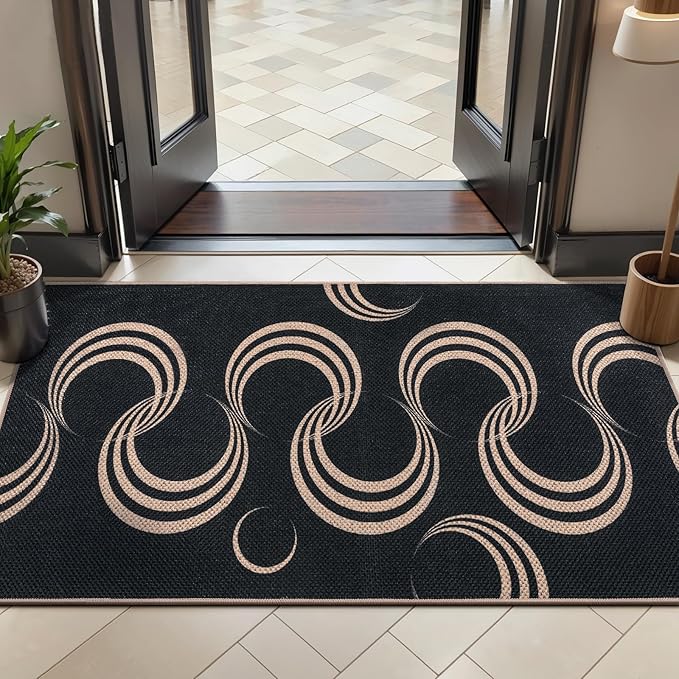 Tangsoo Easy Jute 2x4 Small Throw Rugs for Entryway,Washable Thin Indoor Outdoor Door Mat,Black Non-Slip Indoor Floor Small Carpet for Entrance Kitchen Hallway Bedroom Front Porch