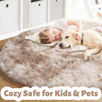 Amdrebio Tie-Dyed Beige Tan Round Area Rug 4Ft for Bedroom, Fluffy Plush Shag Furry Circle Rugs for Kids Room, Living Room Decor Aesthetic, Cute Fuzzy Neutral Carpet for Baby Nursery Playroom Dorm