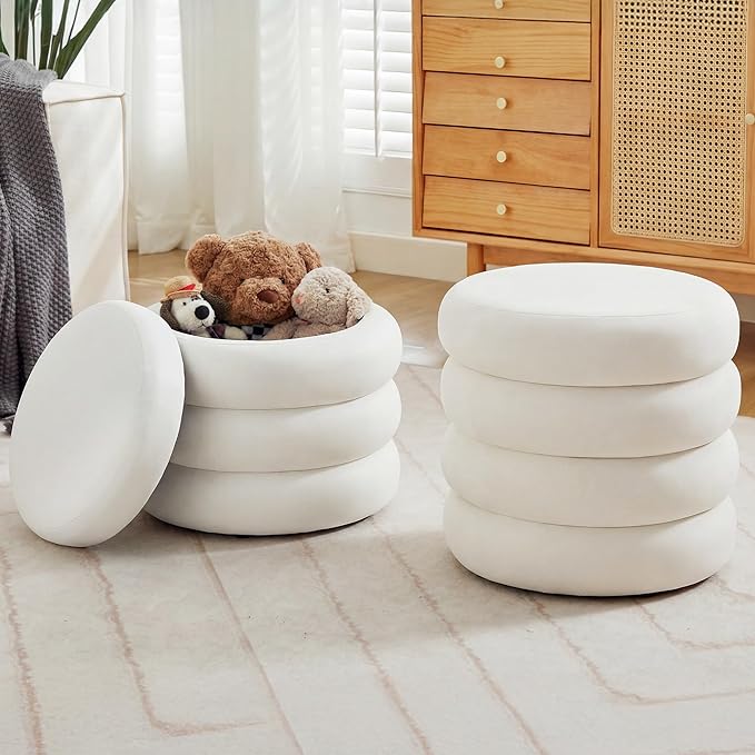 Velvet Storage Ottoman Set of 2, Compact Round Tufted Pair with Removable Lids for Lounge, Dorm and Entryway, Velvet White