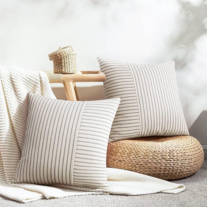YCOLL Farmhouse Pillow Covers 16x16, Modern Accent Square Throw Pillow Covers Set of 2, Gray and Beige Striped Patchwork Linen Decorative Pillows Cushion Covers for Couch Chair Bedroom Home Decor