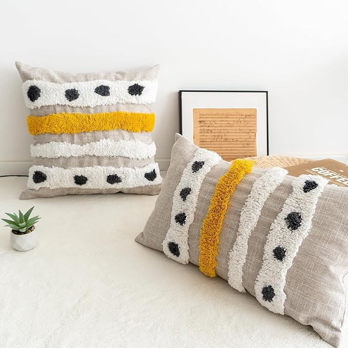Boho Tufted Lumbar Throw Pillow Cover with Handwoven Stripes, Linen Cotton Simple Decorative Cushion Case for Couch Sofa, 1 PC (Beige Yellow, 12x20 inch)