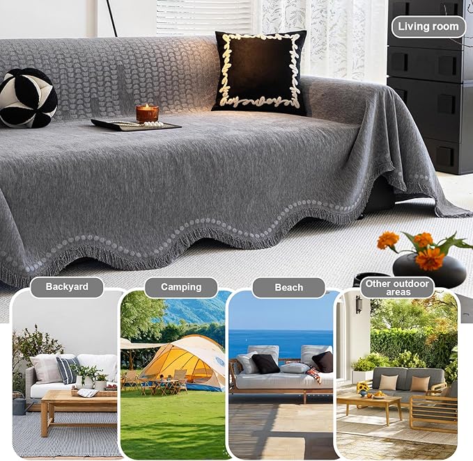 ROOMLIFE Gray Couch Cover Boho Sofa Covers for 3 Cushion Couch Washable, Furniture Protector Sofa Couch Cover for Dogs, Soft Chenille Sofa Slipcover, Couch Throw Blankets with Tassels 71 '' X 134''