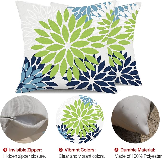 DFXSZ Green Blue Flower Pillow Covers 18x18 Inch Set of 2 White Gray Colored Throw Pillows Outdoor Waterproof Decor for Living Room Sofa Patio Funiture Garden Floral Polyester Pillow Covers 002K18