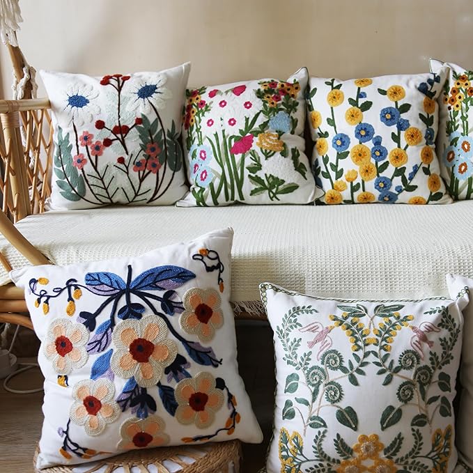 2Pcs Throw Pillow Covers, Boho Daisy Floral Embroidered Pillow Case Soft Decorative Pillowcases for Home Sofa Couch 18x18 Inch