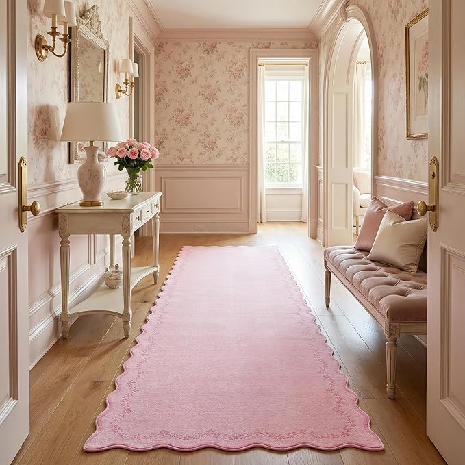 GarveeHome 2.5x8 Valentines Scalloped Washable Runner Rug for Bedroom, Soft Pink Long Hallway Runner Non Slip Entryway Rug Farmhouse Thin Laundry Mat Stain Resistant Carpet for Kitchen Bathroom Rug